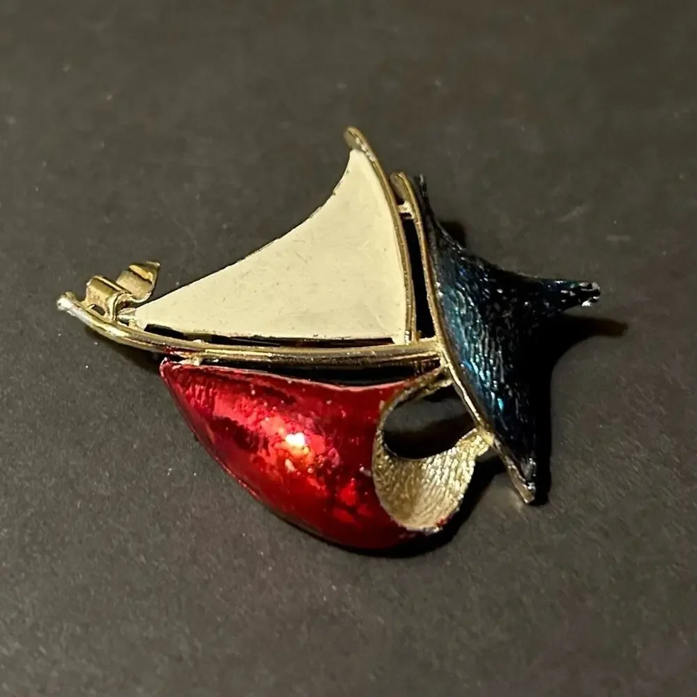 Vintage Nautical Sailboat Gold Toned Brooch in Red, White and Blue